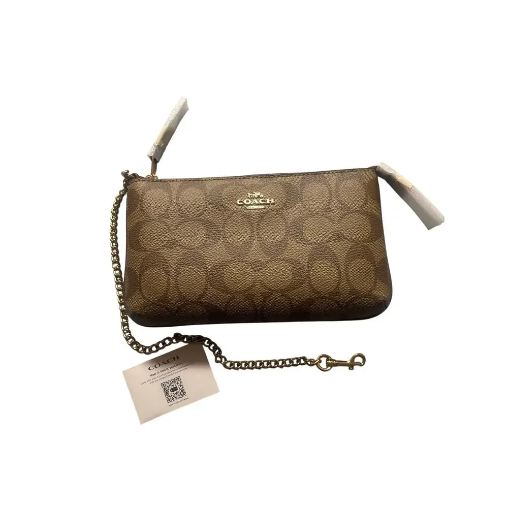 NEW Coach Signature Large Chain Wristlet with Chain Khaki Saddle Top Zip Wallet